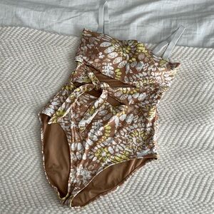 Aerie One Piece Swimsuit Full Coverage Tie Front Floral Brown White Yellow